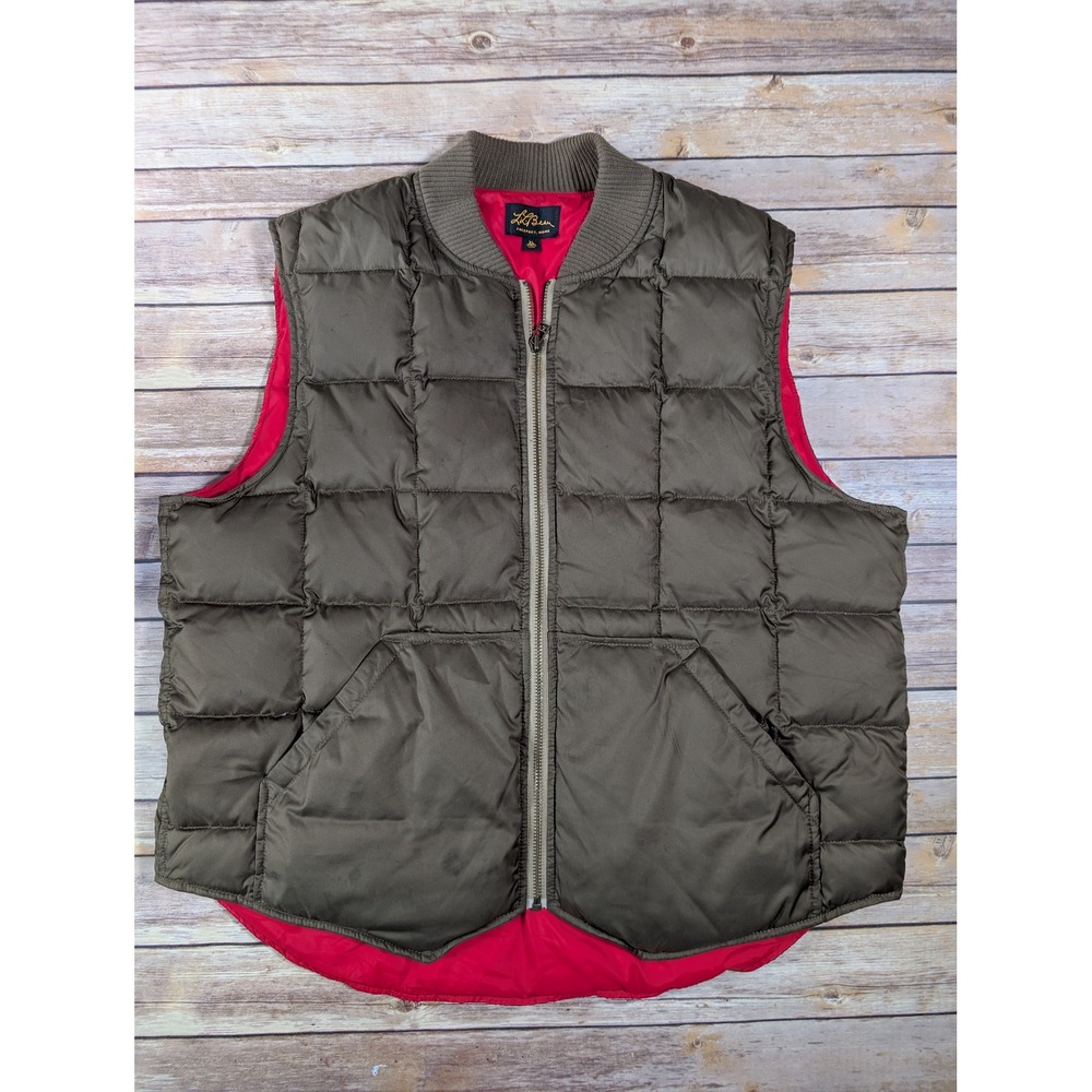 L.L. Bean Quilted Down Puffer Vest Mens XL Brown Red Lining Full Zip Outdoor